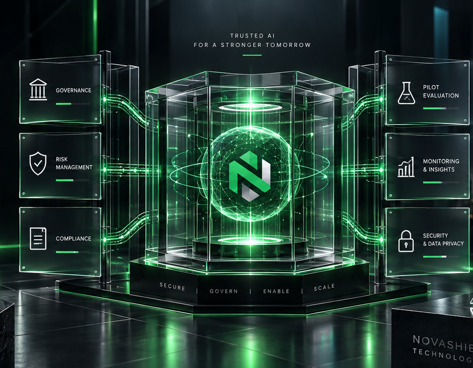 NovaShield responsible AI visual showing connected digital systems, controlled automation and secure technology infrastructure