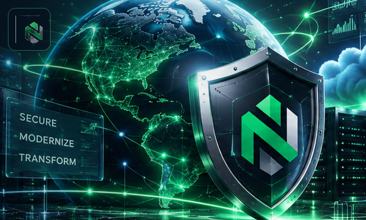 NovaShield cybersecurity, cloud and responsible AI visual with a connected globe, protective shield, cloud infrastructure and NovaShield emblem